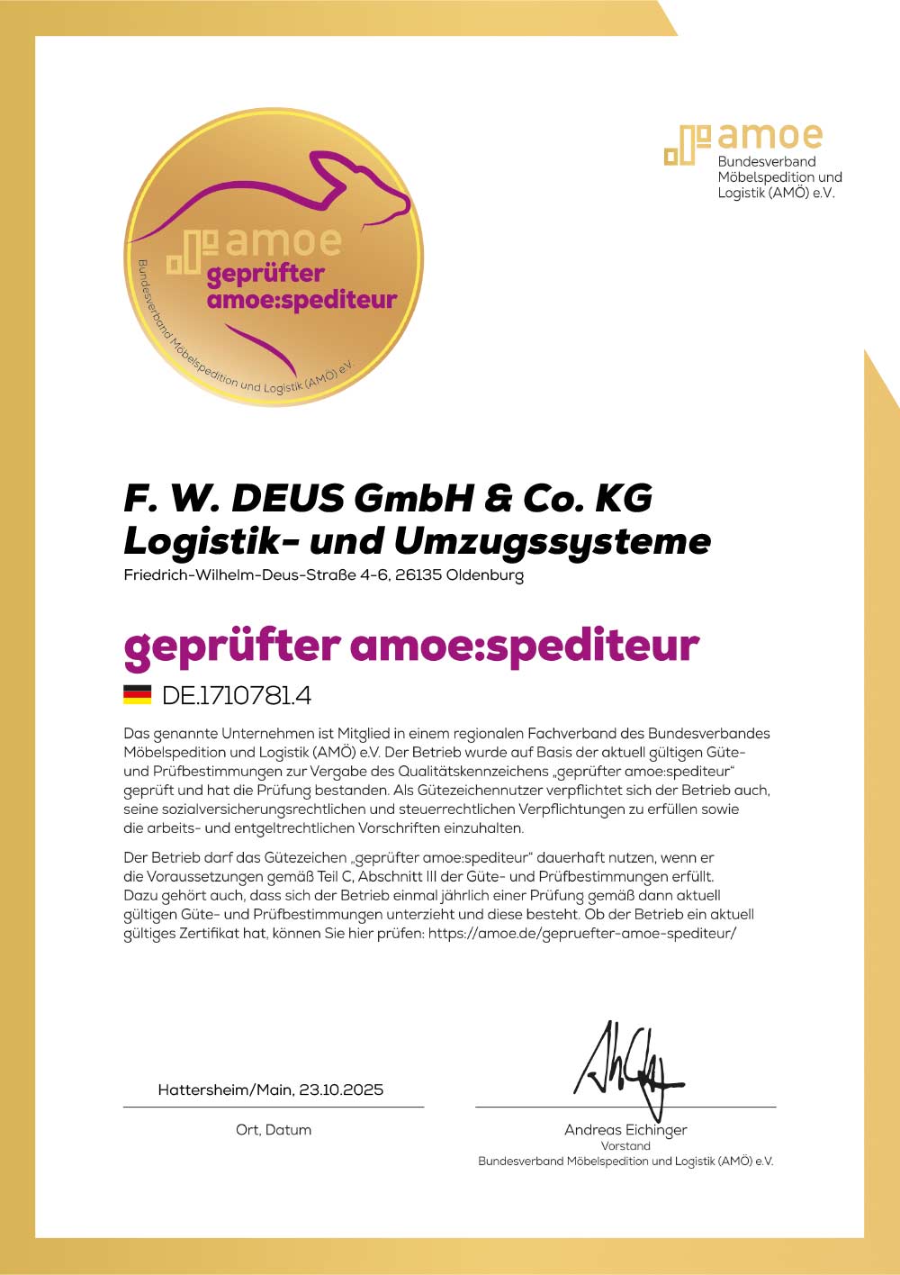 Zertifikat »Geprüfter AMÖ-Spediteur«
